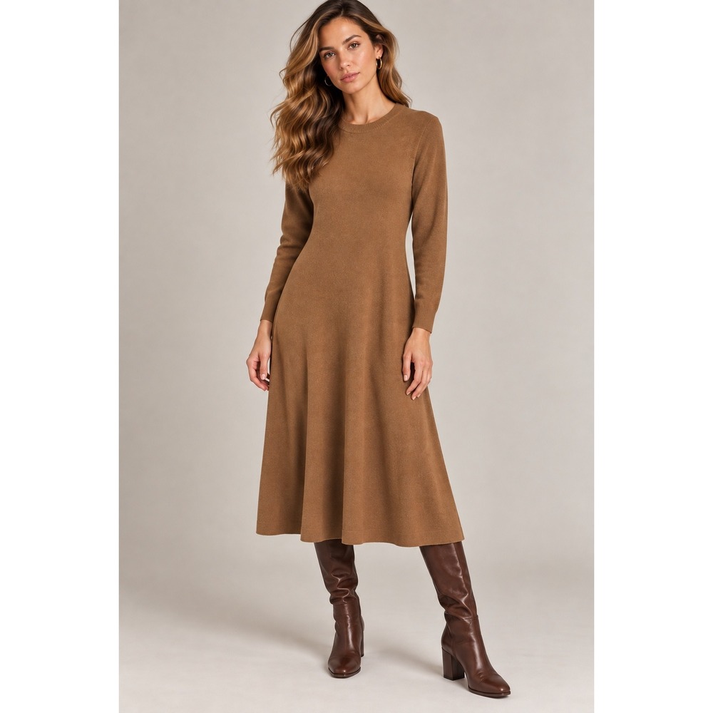 Rachel Parcell Camel Knit Long Sleeve Fit and Flare Sweater Midi Dress, XL